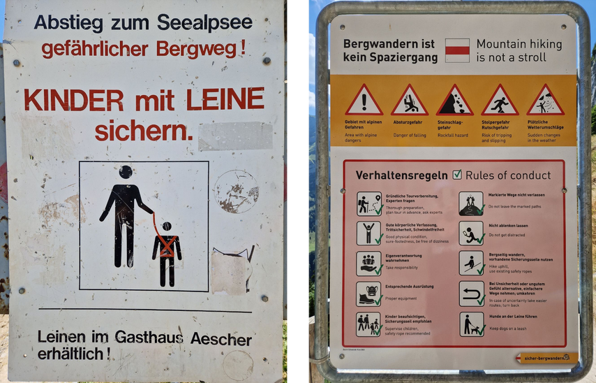 Warnschilder am Abstieg zum Seealpsee mit Hinweisen zur Kindersicherung und Regeln für sicheres Bergwandern.